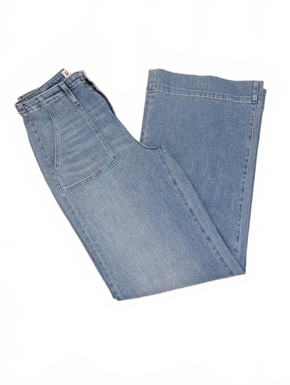 LE JEAN Utility Soft Barrel High Rise Medium Wash Long Flare Jeans Size 26